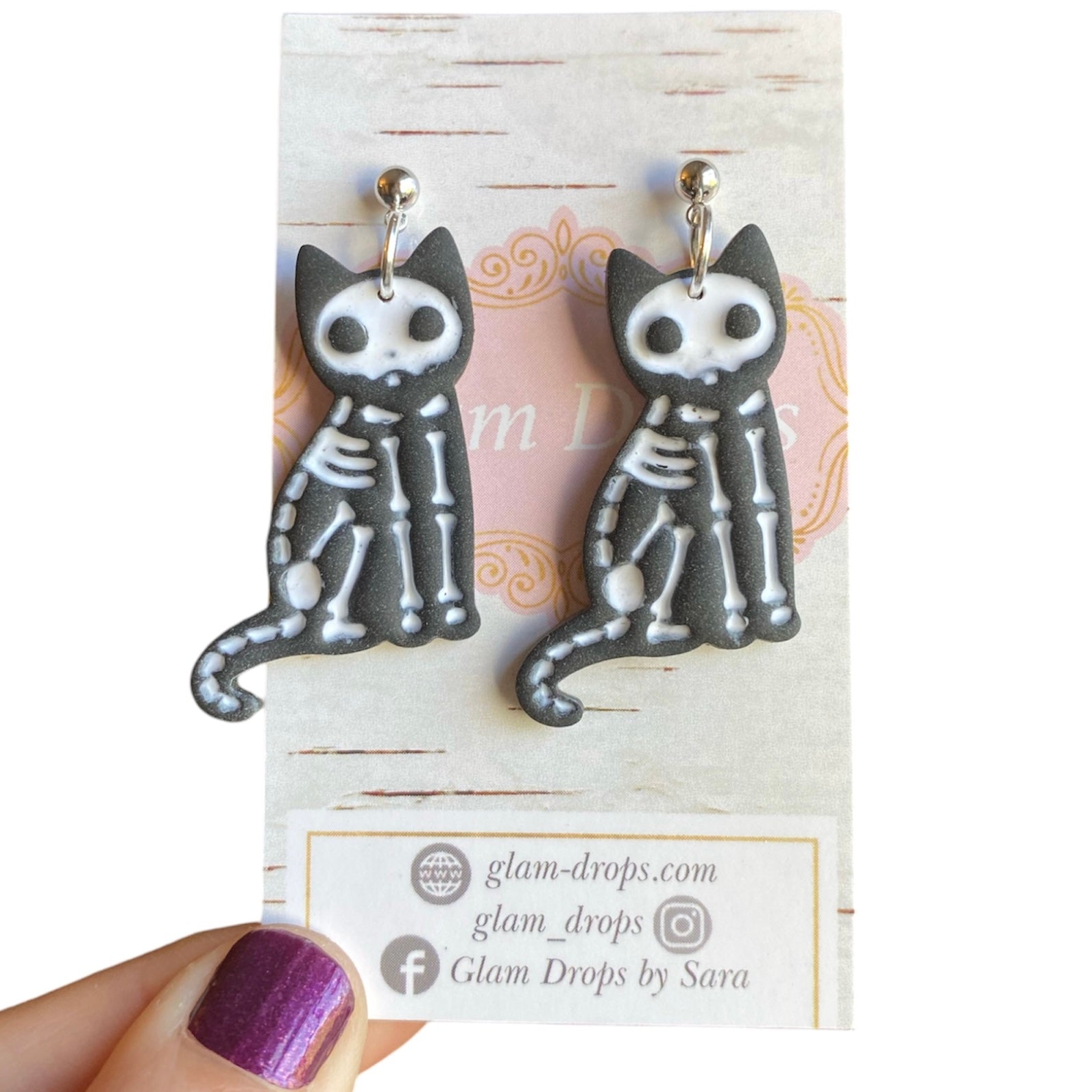 Clay skeleton cat dangles