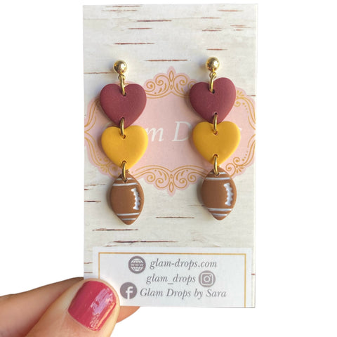 Clay hearts with football dangles **add team colors in notes section**