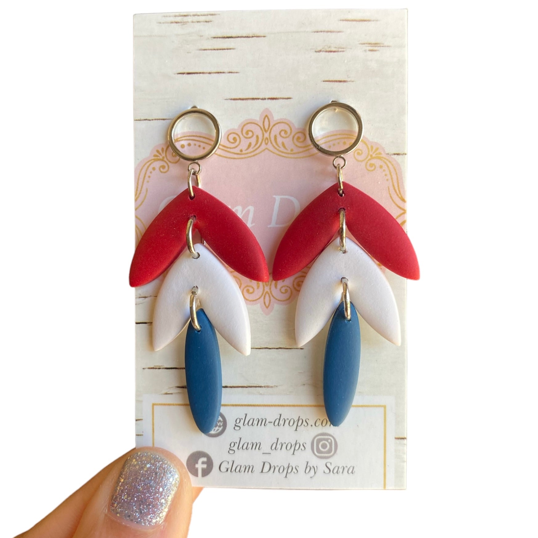 Clay red white and blue dangles