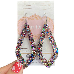 Glitter on leather pointed teardrop hoops