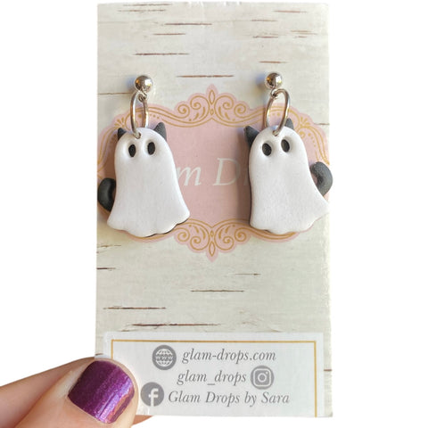 Clay ghost cat dangles